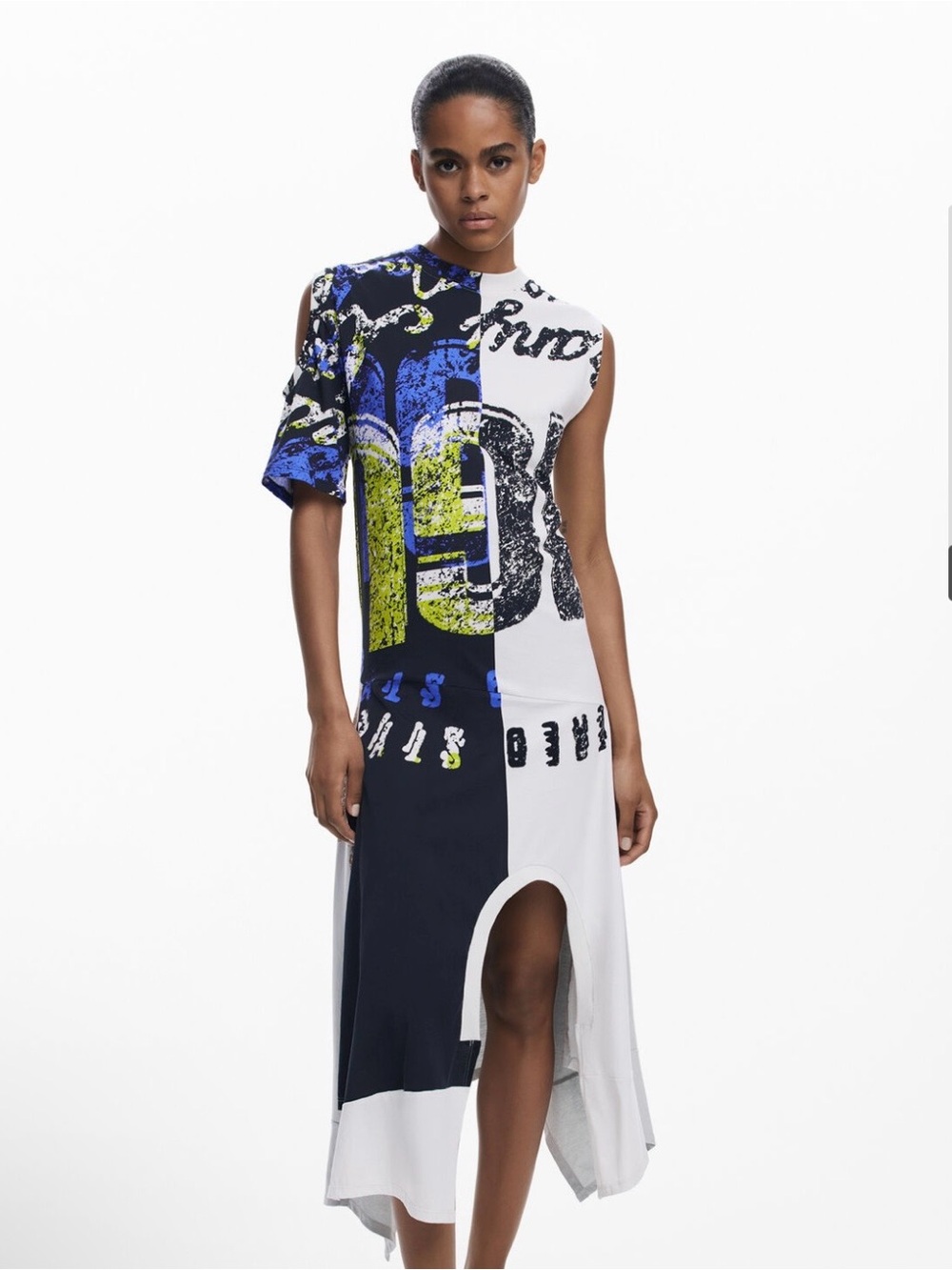 DESIGUAL Asymmetric Tshirt Midi Dress M Cut Out Graphic Tee Cotton Half Sleeve